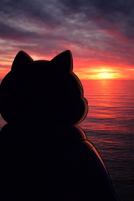 The image features a cat silhouette against a sunset backdrop over water. The cat's position and the colors of the sky create an interesting contrast between the dark silhouette and the vibrant hues of the setting sun, which adds depth and visual interest to the scene. The caption above the image suggests that the cat represents perseverance in achieving goals, as it is depicted against a beautiful sunset backdrop. This message can be interpreted as encouraging viewers to keep trying and pushing forward, even when faced with challenges or setbacks, just like the cat's journey towards its destination.