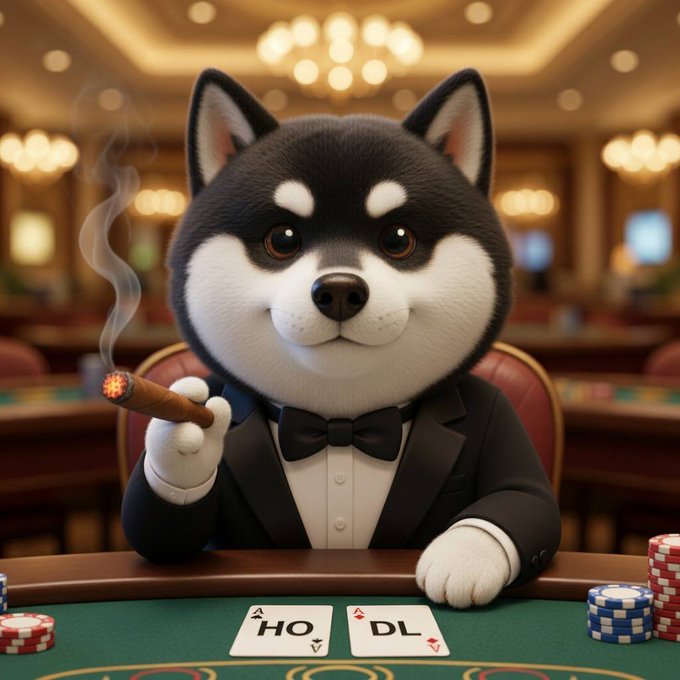 A 3D-rendered cartoon Shiba Inu dog in a tuxedo smoking a cigar at a green casino table with playing cards and poker chips, set in an ornate casino interior.