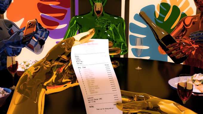 A glossy golden hand holds up a restaurant receipt listing items like 'Dry Item,' 'Sparkling,' and 'Service Charge (5%)' with a 'TOTAL' line, surrounded by colorful chrome mannequin figures at a dining table.