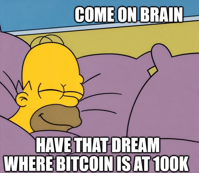 Homer Simpson meme with his eyes closed in bed, captioned 'COME ON BRAIN' at the top and 'HAVE THAT DREAM WHERE BITCOIN IS AT 100K' at the bottom.