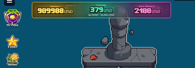 A pixel-art style game interface showing 'WEEKLY 909988 USD', 'THRONE 379 USD', and 'MAX BOUNTY 2100 USD' statistics, with an 8h 7m 'MY PASS' timer.