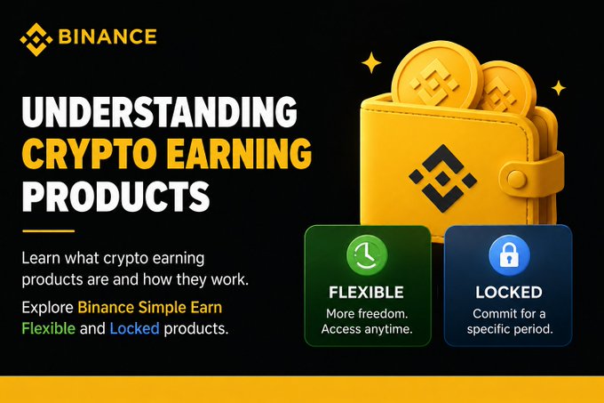 A Binance promotional graphic titled "Understanding Crypto Earning Products" invites users to learn about Binance Simple Earn options, highlighting two categories: Flexible (access anytime) and Locked (commit for a specific period), visually represented by a yellow wallet with Binance-branded coins. The image supports the post's message by introducing newcomers to earning opportunities beyond just buying or trading crypto.