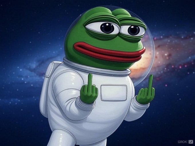 A digital illustration of Pepe the Frog dressed as an astronaut giving the middle finger in space, with a 'GROK' watermark in the corner.
