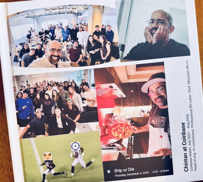 A magazine or publication page featuring photos of a man identified as 'Chintan at Coinbase' with descriptions 'Coinbase Wallet, July 2021 - Aug 2026 BS cutter, Chief Mischief officer' and 'Head of eng, AI connoisseur, Professional toast chef', along with an event 'Ship or Die' on Thursday, December 4, 2025.