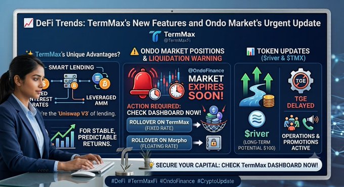 A woman in a navy blazer sits at a desk pointing at a large display titled "DeFi Trends: TermMax's New Features and Ondo Market's Urgent Update," which breaks down TermMax's smart lending and leveraged AMM advantages, warns that the Ondo Finance (ONDO) market expires soon with rollover options for TermMax (fixed rate) and Morpho (floating rate), and highlights Sriver's long-term potential alongside a note that the TGE has been delayed, reinforcing the post's message about TermMax's standout fixed-rate offering amid a bearish market and an urgent Ondo deadline.