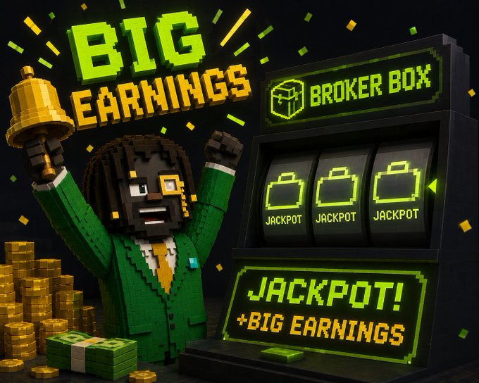 A pixel-art character in a green suit triumphantly rings a golden bell next to a "Broker Box" slot machine displaying three "JACKPOT" symbols, with bold "BIG EARNINGS" text and "JACKPOT! +BIG EARNINGS" announcement below, visually celebrating the massive 50x win mentioned in the post.