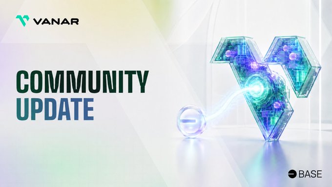 A Vanar Community Update graphic features the Vanar logo and tagline alongside a glowing 3D VANRY coin and an illuminated tech-styled "V" emblem, with the Base blockchain logo in the corner, visually branding the post's message addressing Binance's delisting of VANRY on August 17.
