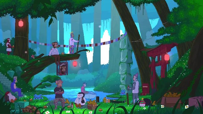Pixel-art style illustration of a lush forest scene with characters (including a monkey) gathered by a river, a torii gate, hanging red lanterns, and a spirit-like figure on a fallen log.