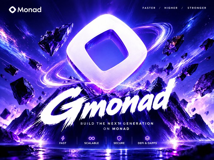 A dramatic purple and blue promotional graphic for 'Gmonad' featuring a glowing diamond logo, cosmic imagery, and the tagline 'BUILD THE NEXT GENERATION ON MONAD' with 'FASTER / HIGHER / STRONGER' and features listed as FAST, SCALABLE, SECURE, DEFI & DAPPS.