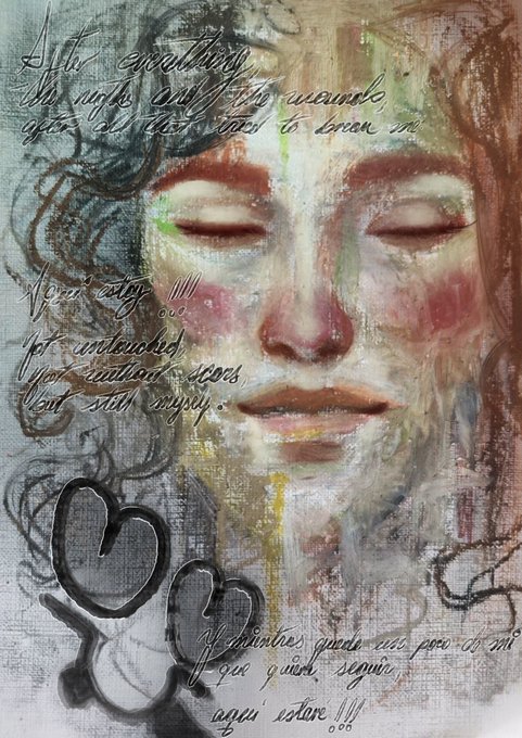 A digital painting of a serene face with closed eyes, featuring the text 'I'm awaiting the one who wants to show me something' and 'Now stay, I'll get undressed for you... you seem too...' along with heart-shaped smoke elements.