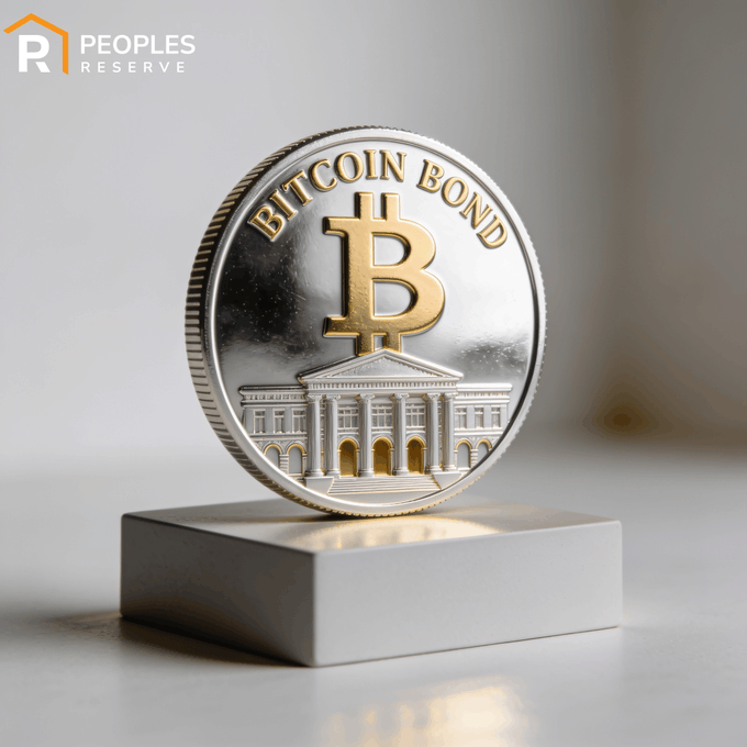 A silver and gold "Bitcoin Bond" coin featuring a classical bank-like building rests on a metallic pedestal, branded with the "Peoples Reserve" logo. The imagery visually represents the post's message about Bitcoin Bonds as a hybrid investment—combining the stability of traditional bonds with the transformative upside potential of Bitcoin for investors seeking both safety and growth.