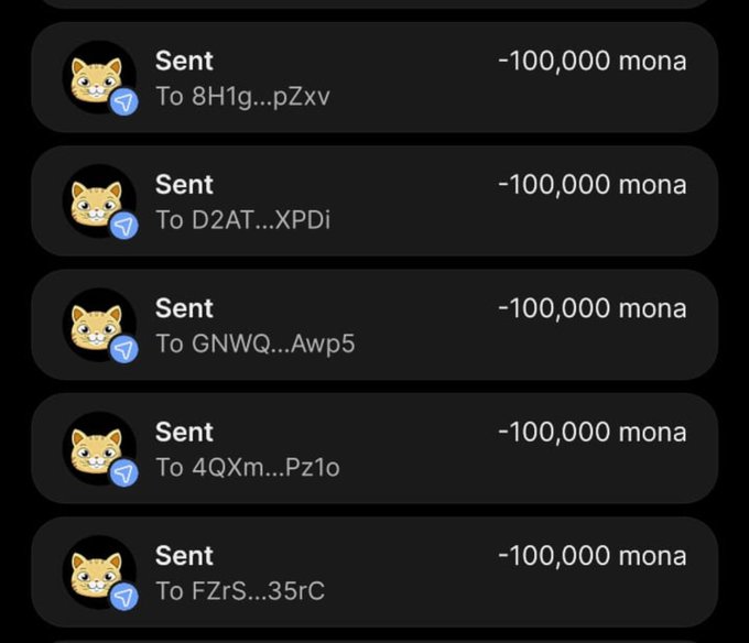 The image shows five identical transaction confirmations of 100,000 MONA tokens being sent to different Solana wallet addresses (8H1g...pZxv, D2AT...XPDi, GNWQ...Awp5, 4QXm...Pz1o, and FZrS...35rC), serving as proof of a crypto airdrop distribution matching the post claiming to send 100,000 MONA to the first 888 wallets that retweet and share their Solana address.