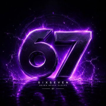 A digital graphic featuring the numbers "67" glowing in purple with electric effects, labeled "SIXSEVEN" below, accompanied by the text "SIX SEVEN NEVER GONNA SLEEP."