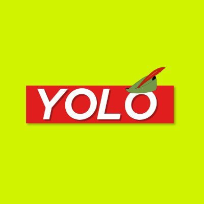 A bright yellow-green background featuring a red rectangular logo with white 'YOLO' text and a small green soldier helmet perched on the 'O'.