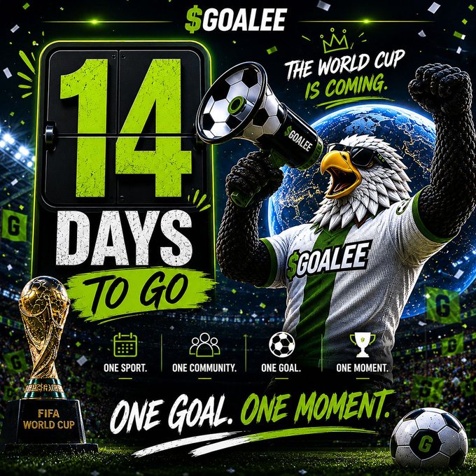 The image features a soccer player wearing an eagle costume, holding a megaphone and surrounded by various soccer balls. The background of the image displays a scoreboard with the text "14 days to go" written above it. This suggests that the event is related to the FIFA World Cup or another similar sports competition happening in 14 days.

The post also mentions that there are "one goal, one moment" and "one community". These phrases could be referring to the upcoming soccer tournament, where a single goal can lead to a single moment of victory for the winning team, and how the event aims to bring people together as a community through sports.