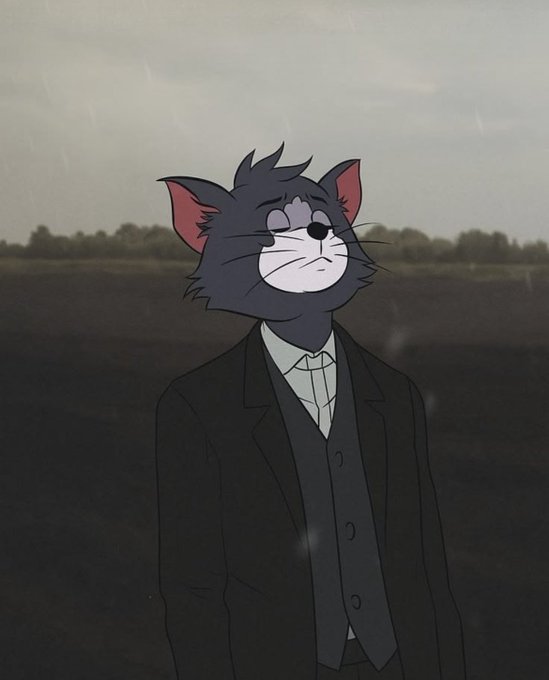 An artistic illustration of Tom from Tom and Jerry wearing a formal black suit and tie, standing in a moody, rainy field.