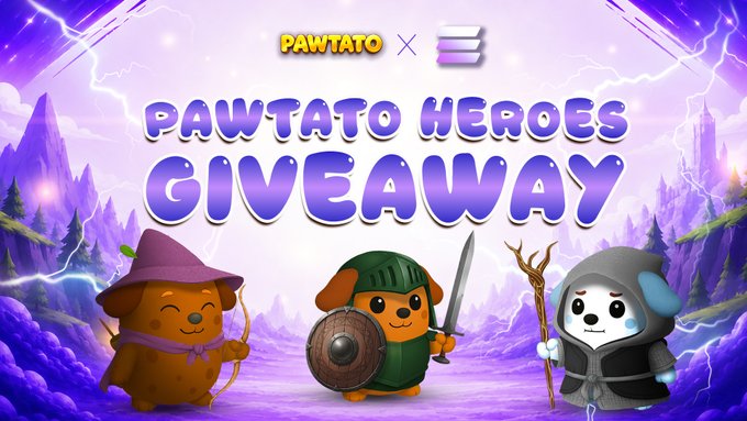 A colorful promotional banner titled 'PAWTATO HEROES GIVEAWAY' featuring cartoon animal characters dressed as wizard, knight, and mage against a purple lightning-filled background.