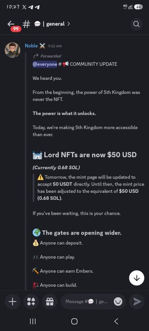 A Discord message screenshot in the #general channel showing an announcement from Noble about '5th Kingdom' Lord NFTs now being $50 USD (0.68 SOL).
