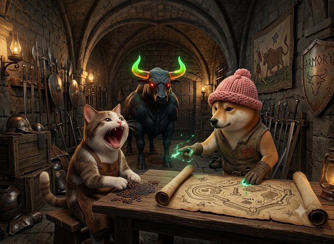 A fantasy illustration showing a cat and a dog in an armory planning a heist with a map, while a menacing bull with glowing red eyes and green horns stands behind them.