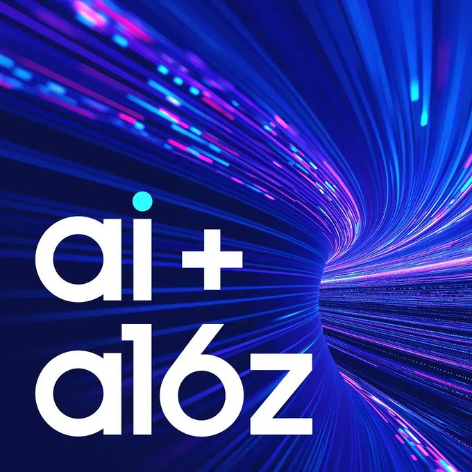 The "ai + a16z" logo appears in white text against a dynamic blue and purple fiber-optic background.