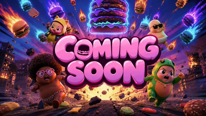 A vibrant, cartoonish promotional image announces "COMING SOON" in bold pink bubble letters, surrounded by flaming burgers, falling food, and chibi-style characters—including a ninja baby, a figure in sunglasses, and a character in a green dinosaur costume—set against a fiery, apocalyptic cityscape that matches the "something chonky is coming" teaser.