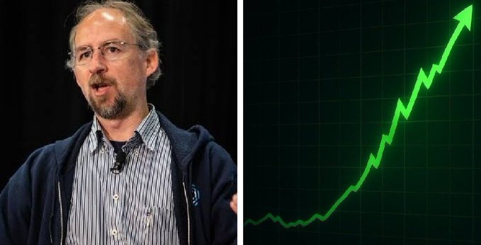 A man with glasses and a beard is pictured alongside a green line graph showing a sharp upward trend, visually representing Adam Back's bullish Bitcoin price prediction of $500K–$1M before the 2028 halving.