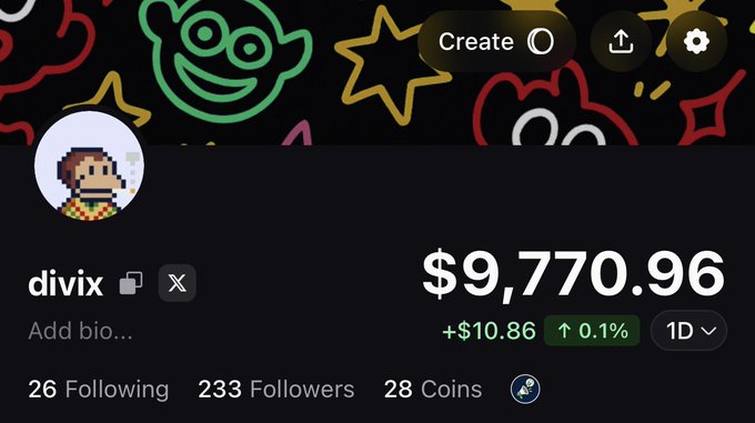 The image shows a profile page for user "divix" displaying $9,770.96 (+$10.86, up 0.1%) with 26 Following, 233 Followers, and 28 Coins, aligning with the post's invitation to follow "divix" on Pumpfun for upcoming coin picks.