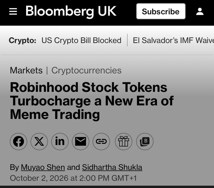 A Bloomberg UK article headline reads "Robinhood Stock Tokens Turbocharge a New Era of Meme Trading" by Muyao Shen and Sidhartha Shukla, dated October 2, 2026, illustrating the post's point about growing mainstream attention to tokenized stock activity following a brief market cooldown.