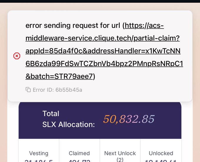 The image shows a screenshot of an error message stating "error sending request for url" when attempting to claim a partial SLX airdrop from acs-middleware-service.clique.tech, alongside a dashboard displaying a Total SLX Allocation of 50,832.85 with breakdown metrics for vesting, claimed, next unlock, and unlocked amounts.

The image directly illustrates the user's frustration by showing both the technical error preventing the airdrop claim and the substantial SLX allocation (50,832.85) they are unable to access.