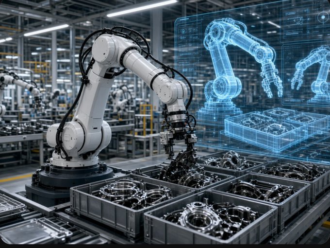 A large industrial robotic arm sorts metallic car parts into bins on a production line, with a holographic digital twin and smaller robotic visualizations overlaid in blue, illustrating Axis Robotics' Sim2Real solution enabling a single policy to handle hundreds of varied components for Lotus Cars and Geely.