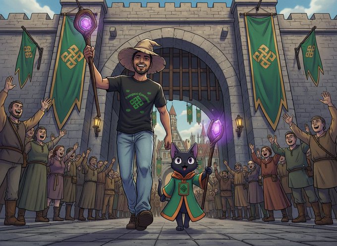 A colorful cartoon illustration shows a man in a wizard hat holding a glowing staff alongside a small black cat character, walking through a medieval castle gate as a crowd cheers.