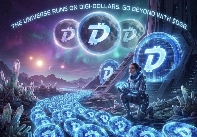 A sci-fi style promotional image with the text 'THE UNIVERSE RUNS ON DIGI-DOLLARS. GO BEYOND WITH $DGB.' showing a woman in a spacesuit among glowing DigiByte cryptocurrency coins.