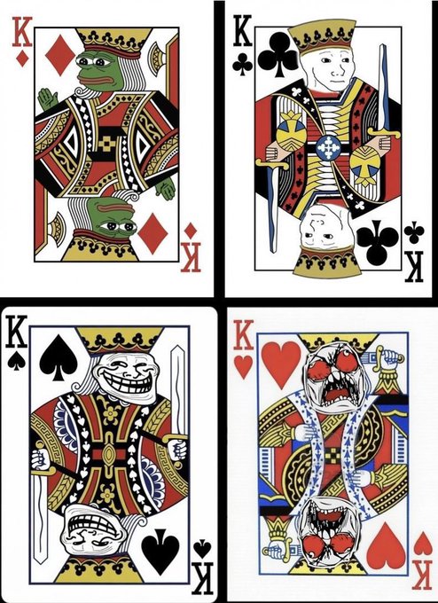Four playing cards displayed as King of Diamonds, King of Clubs, King of Spades, and King of Hearts, with each card featuring unique artistic interpretations of the king figure.