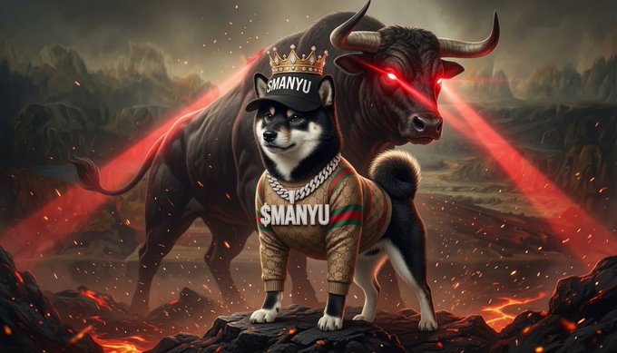 A stylized image of a Shiba Inu dog wearing a crown, cap, and Gucci sweater with the text '$MANYU', standing on a rock before a massive bull with glowing red eyes and red laser beams.