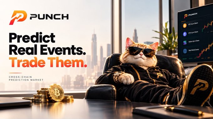 A "PUNCH" advertisement featuring an orange cat in sunglasses lounging on a leather chair with gold Bitcoin stacks and a trading chart showing "BTC Up or Down," "ETH Up or Down," "Solana Up or Down," and "Real World Events," with the tagline "Predict Real Events. Trade Them. Cross-Chain Prediction Market." The image visually captures the poster's experience of watching a last-second BTC price flip on the Punch prediction platform.