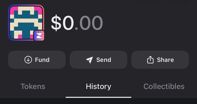 The image shows a crypto wallet interface with a balance of $0.00, alongside Fund, Send, and Share buttons, with a "History" tab selected. This reflects the poster's starting point of "0 to $200" — showing their empty wallet balance before attempting to grow it through free mints.