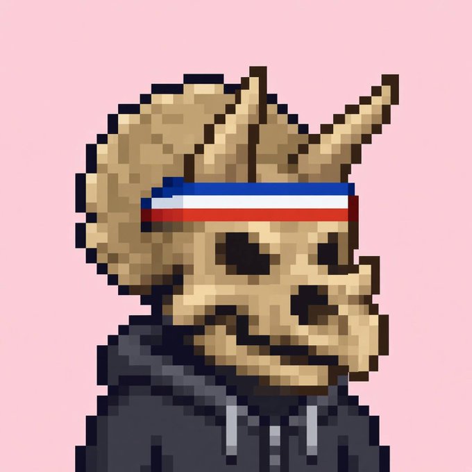 A pixel art illustration of a horned figure with a red, white, and blue headband wearing a dark hoodie against a pink background.