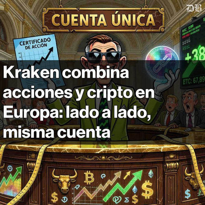 A cartoon illustration of a confident man in a green suit and sunglasses standing at a desk covered in financial and crypto symbols, with the Spanish text 'CUENTA ÚNICA' at the top and an overlaid headline 'Kraken combina acciones y cripto en Europa: lado a lado, misma cuenta'.