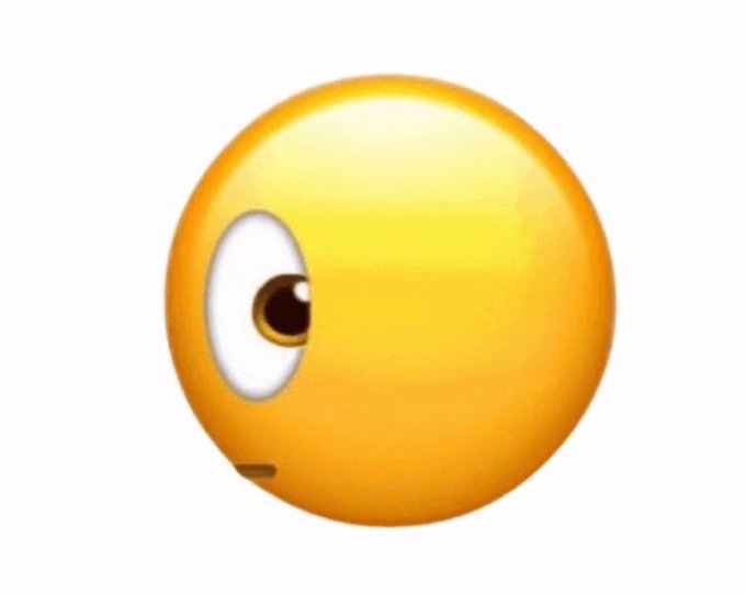 A yellow 3D emoji-style character with one large eye, resembling a curious or skeptical face.