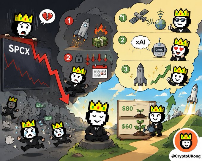 A cartoon illustration by @CryptoUKong depicting a character escaping a crashing SPCX stock with rocket money, while another character in a green pasture decides between $80 and $60 options with a GROK xAI robot.