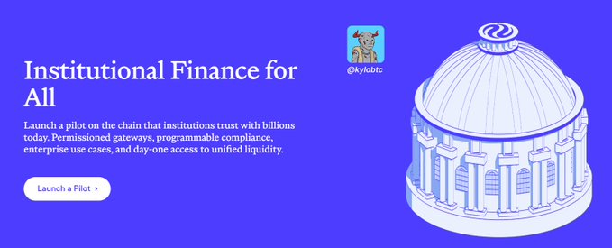 A purple promotional banner reading 'Institutional Finance for All' with a 'Launch a Pilot' button, featuring the '@kylobtc' dog logo and an illustration of a classical domed building.