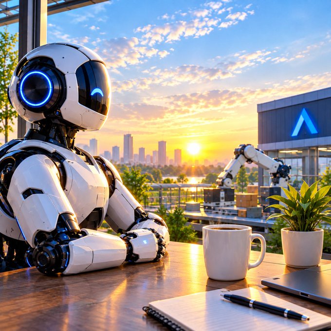 A humanoid robot with a glowing blue eye sits at a desk with a coffee mug, overlooking a cityscape at sunset, while an industrial robotic arm operates near an 'A' logo building in the background.