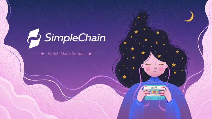 An illustrated promotional graphic for 'SimpleChain' with the tagline 'Web3, Made Simple,' depicting a woman with starry hair holding a handheld gaming console against a purple night sky with a crescent moon.
