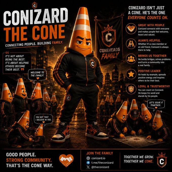 A promotional graphic for 'CONIZARD THE CONE' mascot, featuring an orange traffic cone character in a black tracksuit surrounded by smaller cones, with social handles conizard.io, t.me/theconizard, and @theconizard.