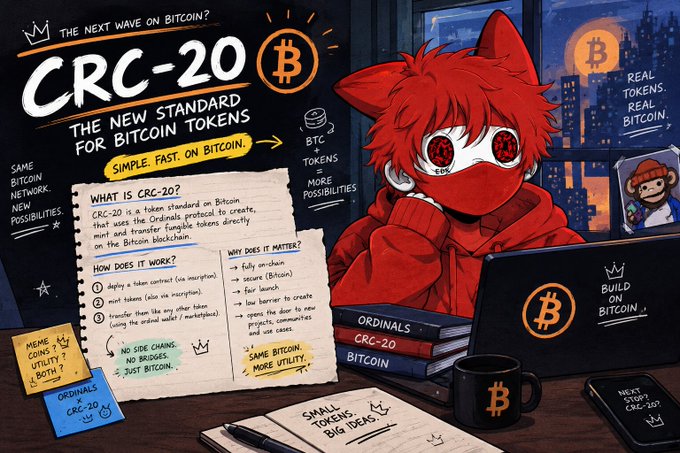 A vibrant anime-style illustration features a red-haired, red-eyed masked character at a desk surrounded by notebooks and sticky notes, with prominent text explaining "CRC-20: THE NEW STANDARD FOR BITCOIN TOKENS" and highlighting features like "SIMPLE. FAST. ON BITCOIN." The image visually breaks down how CRC-20 works on the Bitcoin network, tying directly to the accompanying post's message about CRC-20 gradually gaining mainstream attention in the crypto community within roughly two weeks.