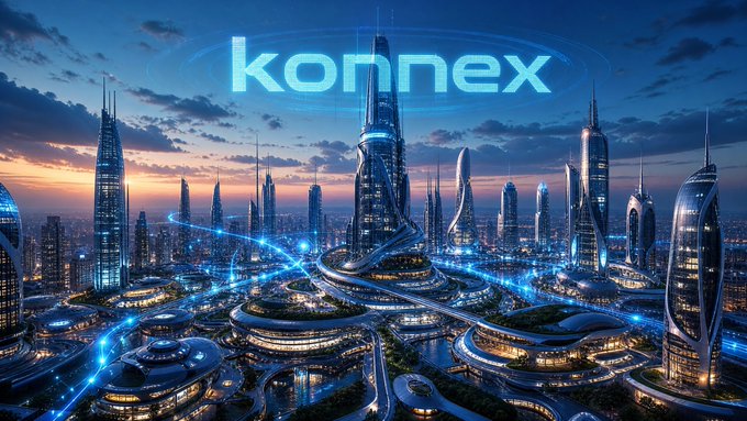 A futuristic cityscape at dusk showcases glowing skyscrapers and interconnected energy networks, with the "konnex" logo prominently displayed in neon blue, visually reinforcing the post's theme of an autonomous, AI-driven economy powered by smart contracts and machine-to-machine interactions.