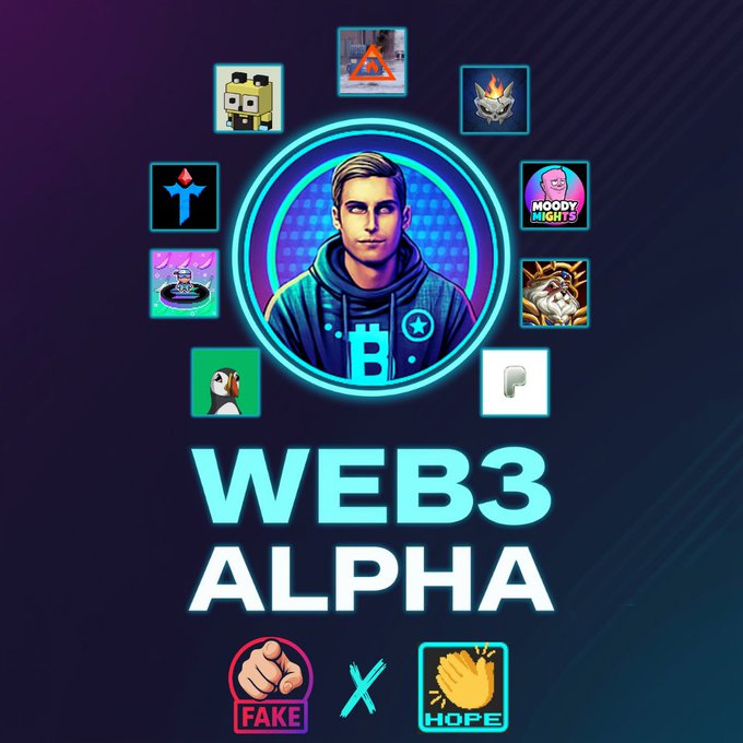 A promotional graphic for 'WEB3 ALPHA' featuring a stylized portrait of a man with various NFT and crypto icons including 'MOODY NIGHTS', 'FAKE', and 'HOPE'.