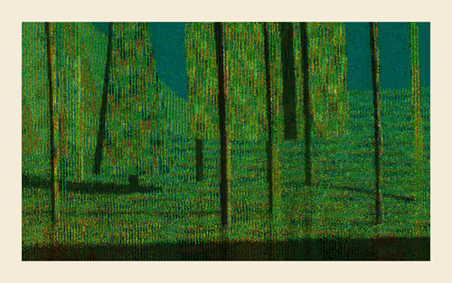 An abstract, pixelated painting with a dark teal sky above vertical green and yellow strokes resembling a stylized forest or field.