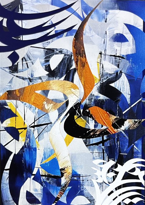 An abstract painting featuring dynamic brushstrokes in blue, white, orange, and black colors.