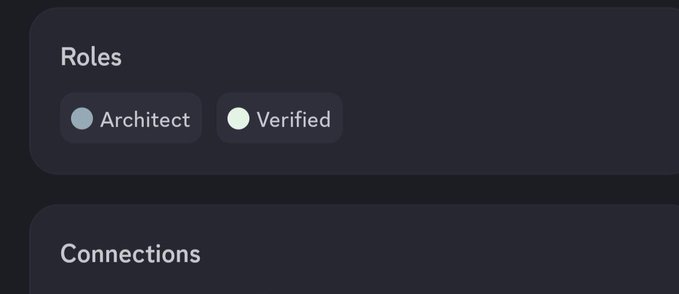The image shows a Discord user profile section displaying "Roles" with two badges: "Architect" (blue) and "Verified" (white), along with a "Connections" section below. This illustrates the ARC Architects claim update, confirming that users selected for the ARC Airdrop Architects program should verify they have the "Architect" role on their Discord profile, which must be linked to their Arc House account.